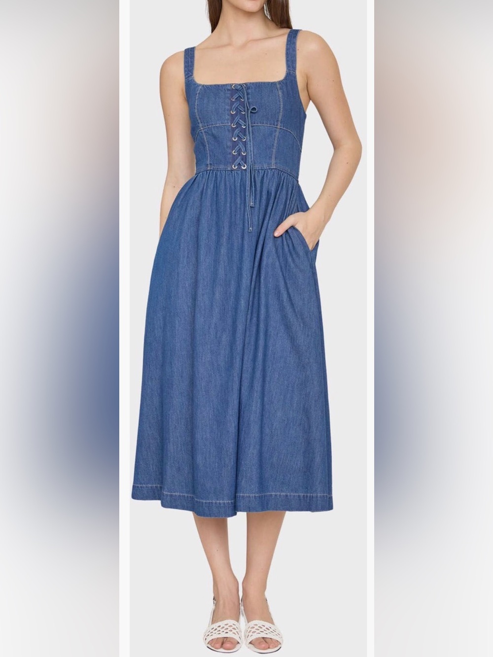 Women’s Denim Smocked Back Midi Dress Blue w Pockets Adjustable Straps